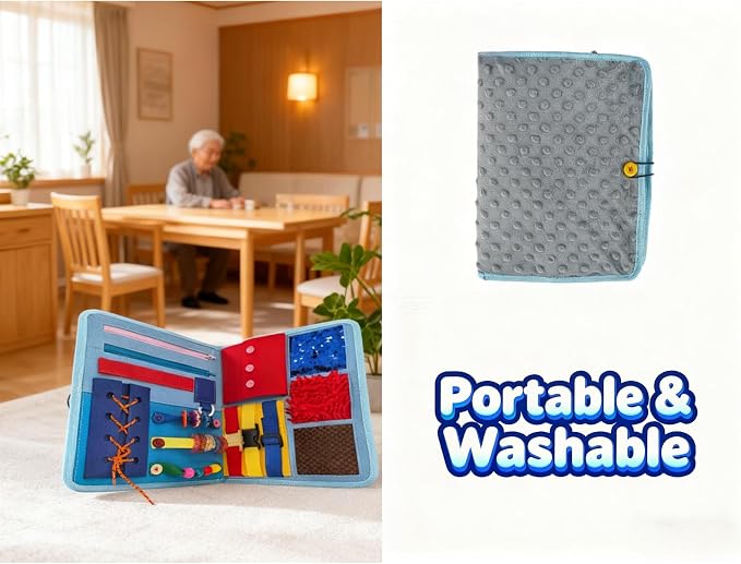 Fidget Blanket for Elderly with Dementia & Alzheimer's, Sensory Activity Mat with Fine Motor Skill Items, Calming Therapeutic Blanket for Seniors, Anxiety, Autism, Machine Washable & Portable (Blue)