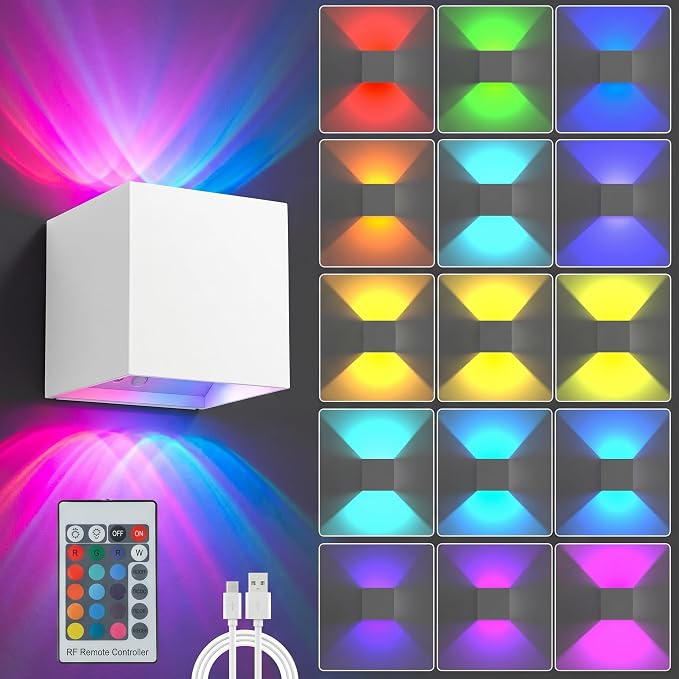 RGB LED Wall Light, 6000mAh Battery Operated Wall Sconce16 Colors, Rechargeable, Remote Control, Dimmable, Magnetic, Cordless Wall Light for Bedroom Living Room Decor, White