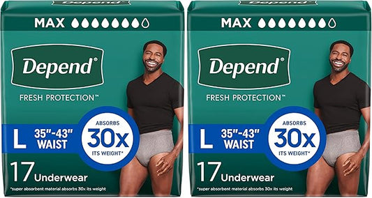 Depend FIT-Flex Incontinence Underwear for Men, Maximum Absorbency, Disposable, Large, Grey, 17 Count (Pack of 2)