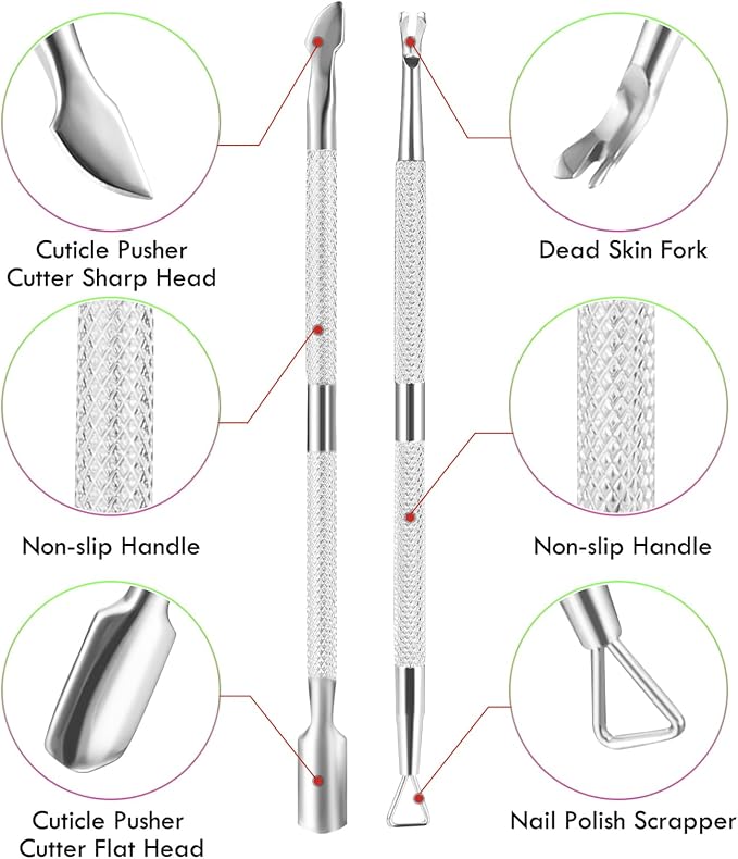 2PCS Cuticle Pusher and Cutter Remover, Xunxmas Salon Nail Scraper for Gel Polish, Stainless Steel Manicure and Pedicure Cleaner Tool for Fingernail and Toenail (Silver)