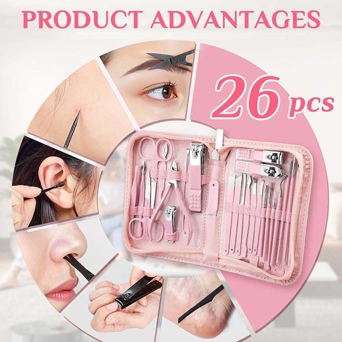 MINKINH 26-Piece Manicure Set for Women, Pink At-Home Nail Care Kit | Carbon Steel Nail Clippers, 410 Stainless Steel Tools, PU Organizer Case for Pedicure, Cuticle, Facial and Daily Self-Care