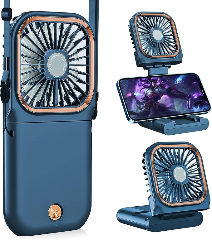 Portable Handheld Fan with Phone Holder, 3000mAh Power Supply Rechargeable Neck Fan with USB Output, Foldable Small Fan 0-180° Adjustable, Ultra Quiet Personal Cooling Fan for Travel Office Home