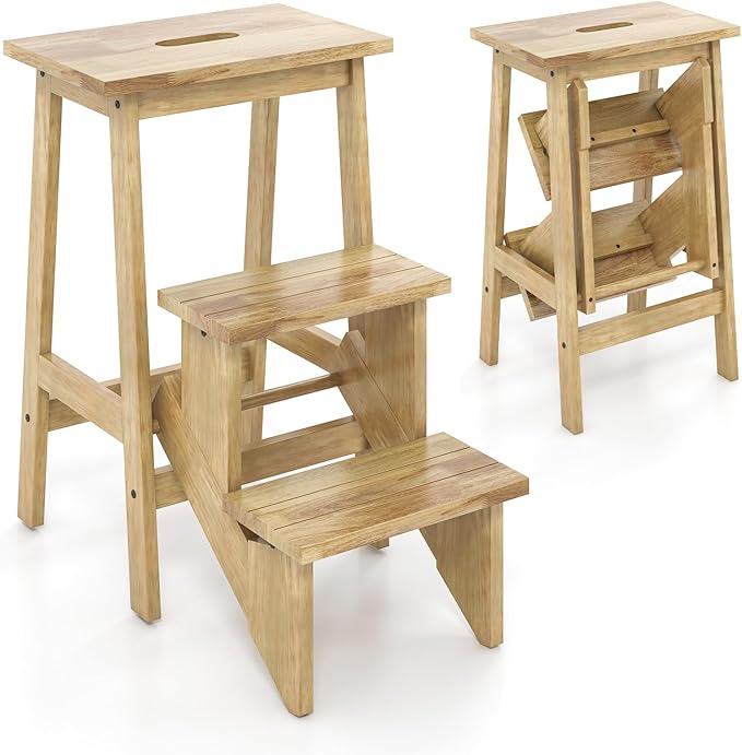 Costzon Folding 3 Step Stool, 3 in 1 Wooden Step Ladder with Handle, Non-Slip Pedal, Multifunctional Storage Shelf, Flower Rack for Kitchen, Library, Garage, Foldable Step Stool for Adults Kids