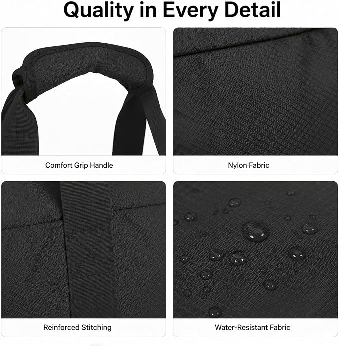Foldable Travel Duffle Bag with Trolley Sleeve 40L Capacity, Lightweight Packable Travel Duffel Bags with the Keyhole Zipper, Weekender Overnight Nylon Carry on Bag for Men & Women, Black