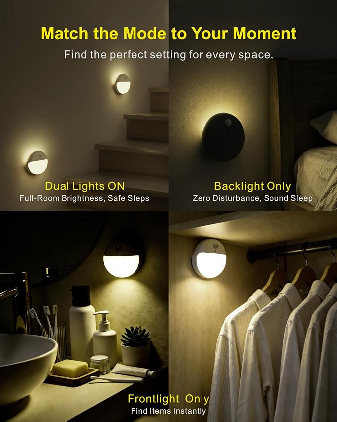 2 Pack Motion Sensor Night Light, Gold Yellow, 3 Lighting Modes, Stepless Dimming, Battery-Powered, Dimmable LED, Suitable for Bedroom, Bathroom, Stairs, Corridors, Closets | 3 Modes, Dimmable 1-15lm, Soft Gold Yellow, Smart Bulbs, Wireless Motion Acti...