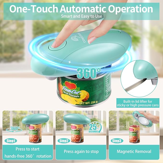 Electric Can Opener, USB-C Rechargeable Smooth Edge for Seniors (Green) | Cordless, One-Touch Automatic, Smooth Edge Cutting, for Standard & Oval Cans, Lightweight for Travel