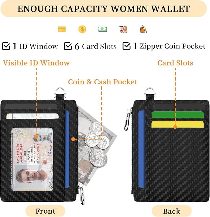 Hancynir Minimalist Black Small Wallet Men Credit Card Holder, Slim RFID | Zipper Keychain Wallet, Key Chain, Travel Coin Front Pocket, Women Mens Gifts, Thin Card Case, 6 Card Slots, PU Leather