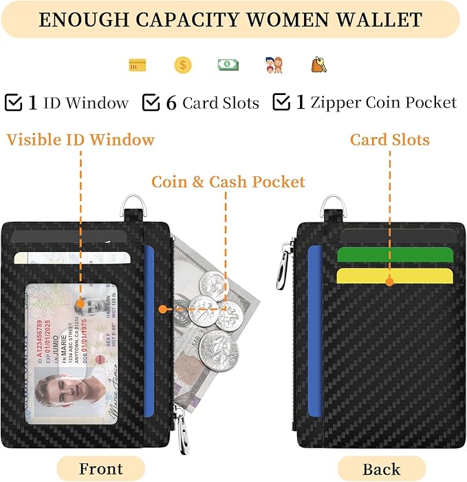 Hancynir Minimalist Black Slim Wallet Men Credit Card Holder Small RFID | Zipper Pocket Wallet, Thin Travel Coin Purse, Ladies Women Mens Gifts, Cute Card Case, 6 Card Slots, ID Window, PU Leather