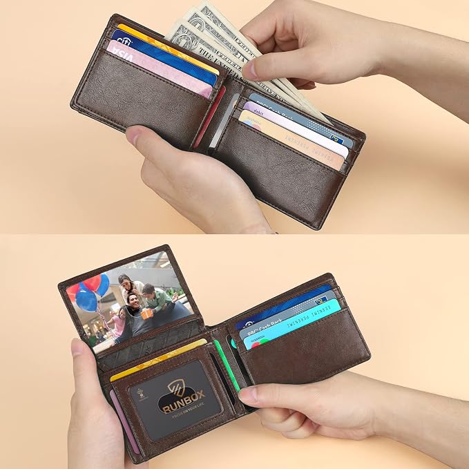RUNBOX Wallet for Men -Slim Rfid Leather Mens Bifold Novelty Wallets 2 ID Window With Gift Box Men's Accessories | Minimalist Front Pocket Design, Holds 15 Cards, Large Capacity with Cash Pocket,Compact and Thin, Birthday Gifts for Men