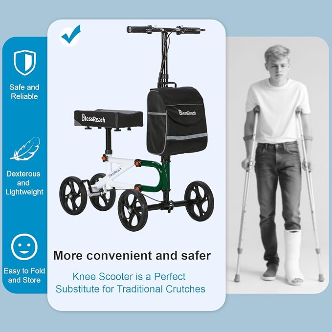 Knee Scooter Steerable Knee Walker for Foot Injuries Compact Crutch Alternative with Dual Braking System (Green)