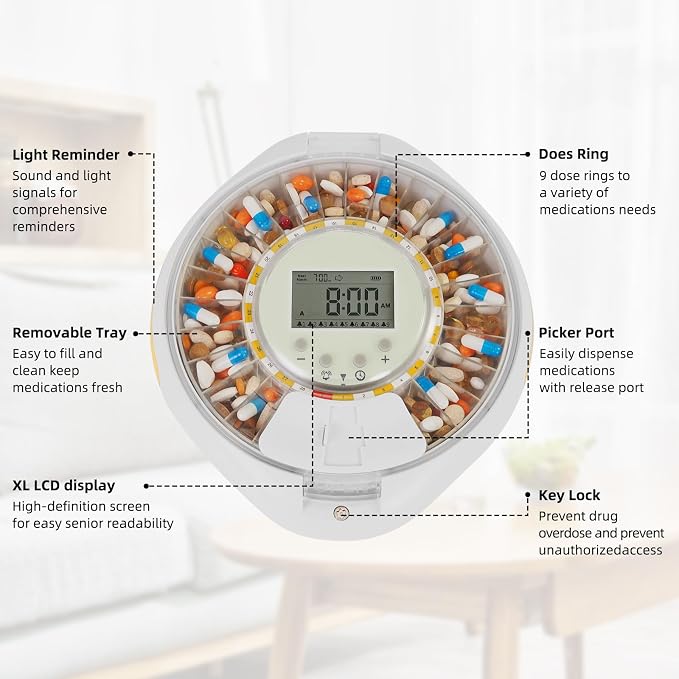 Bluetooth Automatic Pill Dispenser with Safety Lock for Seniors | App/Sound/Light Reminder - Up to 9 Alarms/Day, Medication Track History, Front Security Lock & Ergonomic Flip Lid