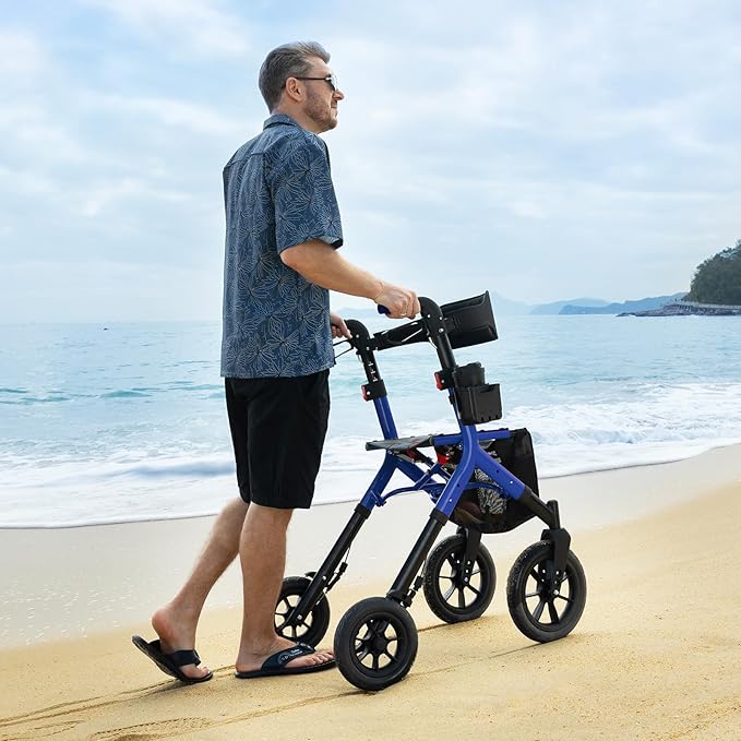Rollator Walker with Seat, Tall Walkers for Seniors, 12" Big Rubber Wheels All Terrain Rollator Walker with Backrest, Built-in Cable, Foldable and Dual Adjustable Height for 5.3-7ft, Blue