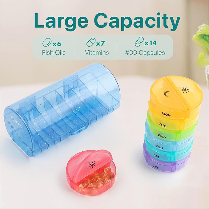 Sukuos Weekly Pill Organizer 7 Day 2 Times a Day, Large Daily Pill Box Easy to Open, Portable AM PM Pill Case for Medicine/Vitamin/Fish Oil/Supplements (Glitter Blue)