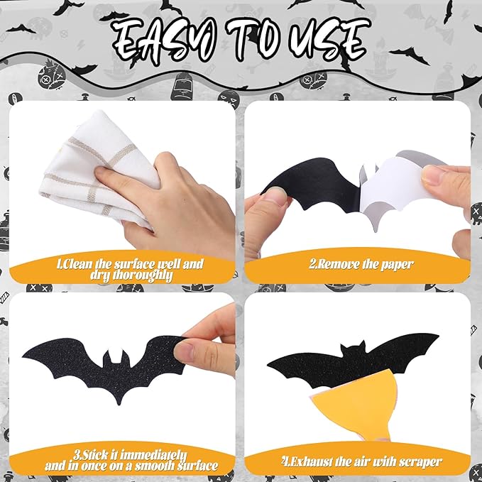 24 Pcs Non Slip Black Bat Bathtub Stickers for Kids Halloween Horror Bath Treads Adhesive Anti Slip Shower Decal Threads with Scraper for Kid Toddler Bath Tub and Shower Floor Bathroom Decor