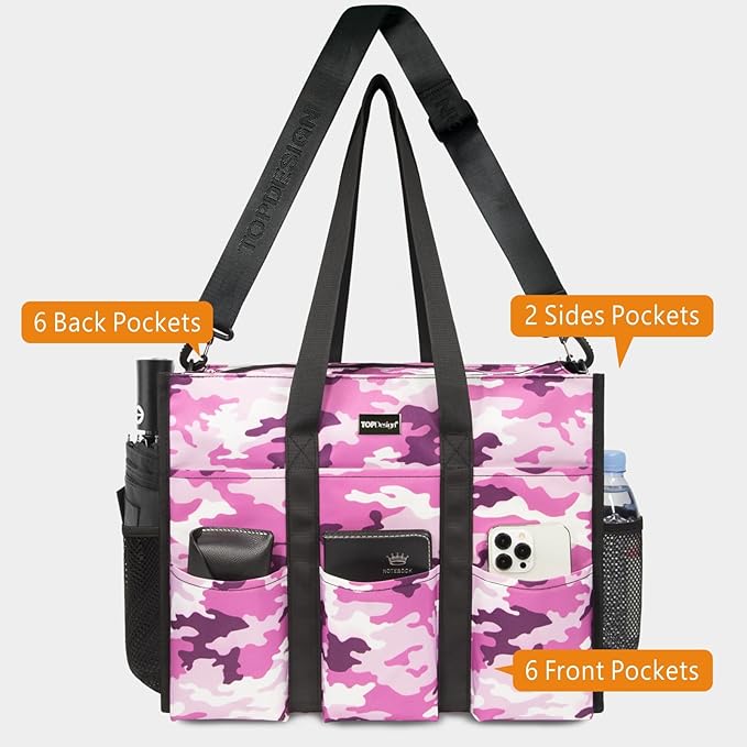 TOPDesign Utility Water Resistant Tote Bag with 22 Pockets, Top Zipper Closure & Thick Bottom Support, for Working Women
