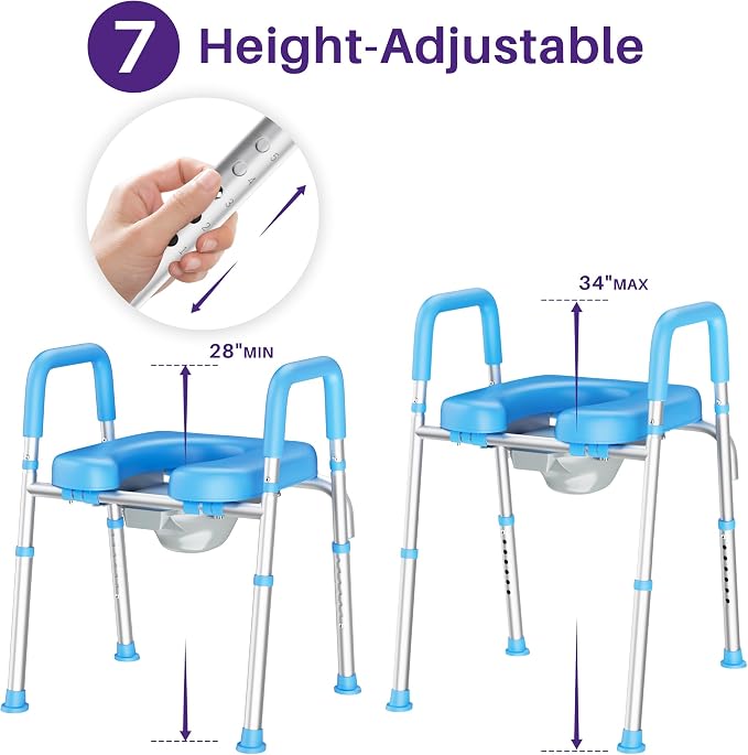 KEKOY Toilet Seat Risers for Seniors, Adjustable Size, Bedside Commode | Padded Elevated with Handles, Fits Most Heights Builds,Tool Free Install,Fits Most Round Elongated Toilets for Handicap, Blue