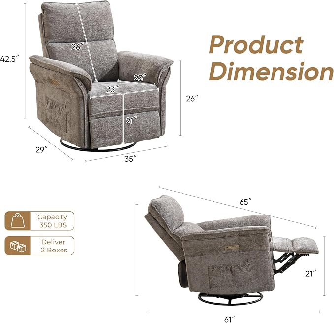 Power Nursery Recliner with Auto Rocking,Oversized Swivel Rocker Recliner with Massage and Heat,Glider Recliner Nursery Chair with Adjustable Headrest for Living Room and Bedroom,Dark Grey