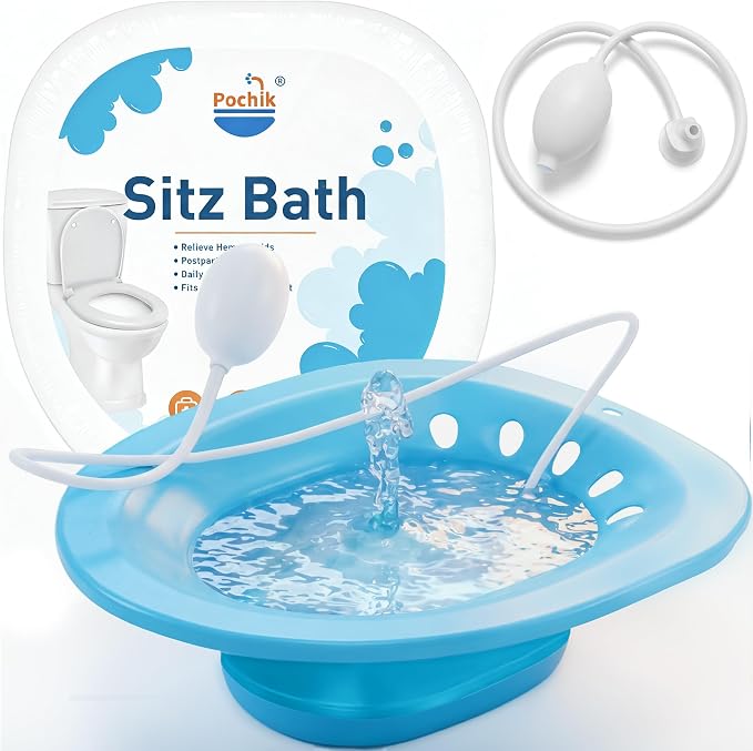 Pochik Sitz Bath for Toilet Seat Hemorrhoids and Postpartum Care, Yoni Steam Seat, Perineal Soaking, Collapsible, Flusher Hose, Drain Holes, Wider Seating Area - Navy
