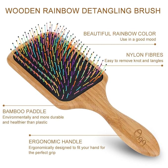 BLACK EGG Paddle Detangling Hair Brush for Women Girls, Rainbow Nylon Brush for Thick Thin Curly Hair, Includes Wooden Detangler Comb and 3 Hair Ties, Valentine’s Day Gift