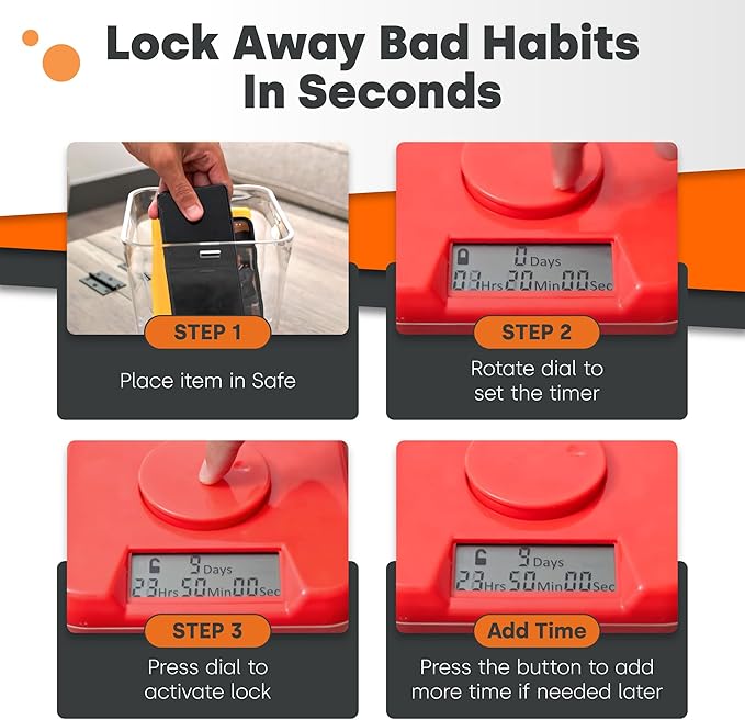 Phone Lockbox & Snack Lock Box with Timer (XL) - KSafe Timed Lock Box for Cell Phones, Food - Kitchen Safe Time Locking Container for Habit Formation (Red Lid + 12.3” Clear Base with Access Port)