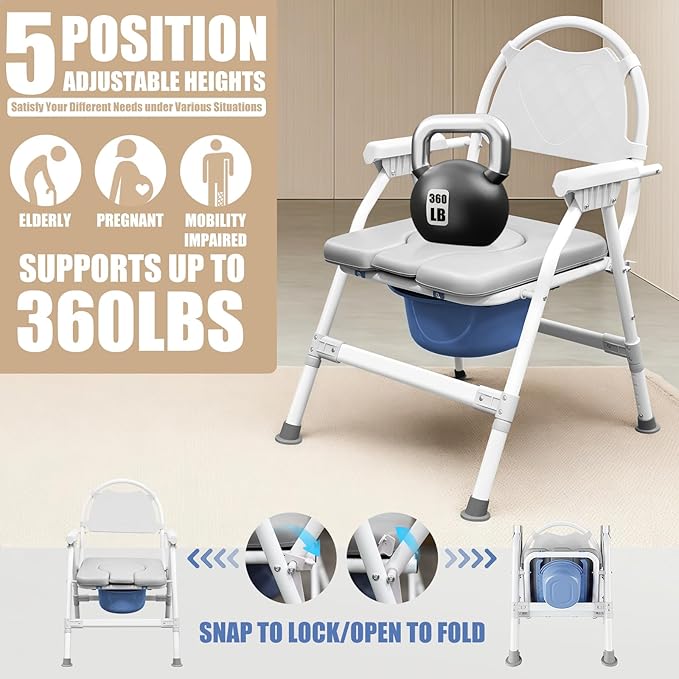 4 in 1 Folding Bedside Commode Chair for - Adjustable Height Adults Potty Chair with Arms, Back & 30 PCS Cleaning Bag for Seniors, Pregnant Women & Post-Surgery - Supports 360 lbs (PU Soft Seat)