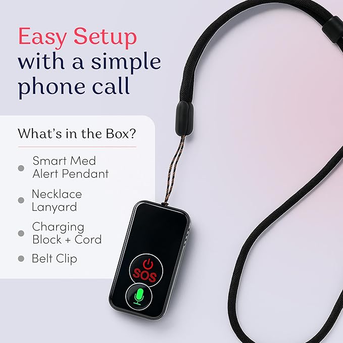 Cellular Medical Alert Necklace with Emergency Button for Elderly, 24/7 Monitoring, Fall Detection for Seniors, Water-Resistant, Wearable Pendant with 2-Way Communication, GPS Tracking