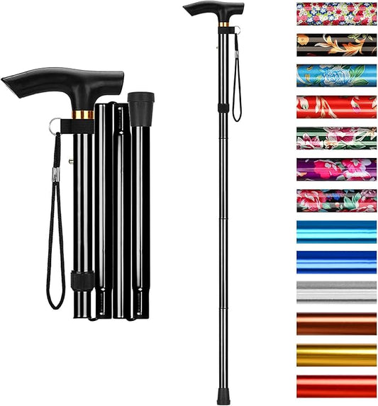 supregear Folding Cane, 5-Level Adjustable Height Walking Stick Lightweight Collapsible Portable Travel Cane with Wrist Strap and T Handle for Elderly Disabled Men Women