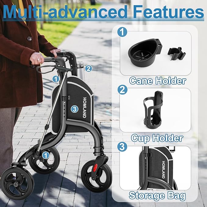 HOMLAND 3 Wheel Walkers for Seniors, Foldable Wheeled Rollator with Cane Hold and Cup Hold, Lightweight Three Wheel Rolling Walker Height Adjustable for Seniors