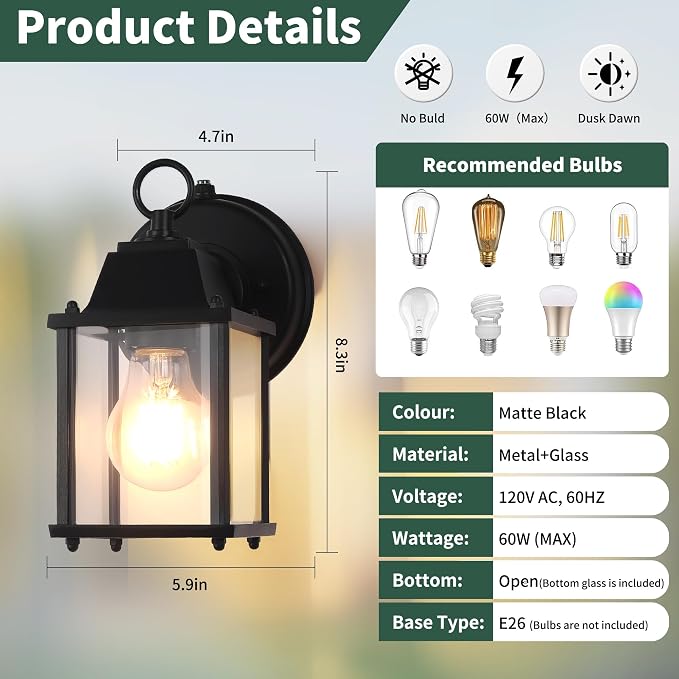 Dawn to Dusk Sensor Outdoor Wall Light Fixtures Waterproof Porch Lights Anti-Rust Black Exterior Lighting Fixtures Outdoor Wall Lantern for House -2 Pack