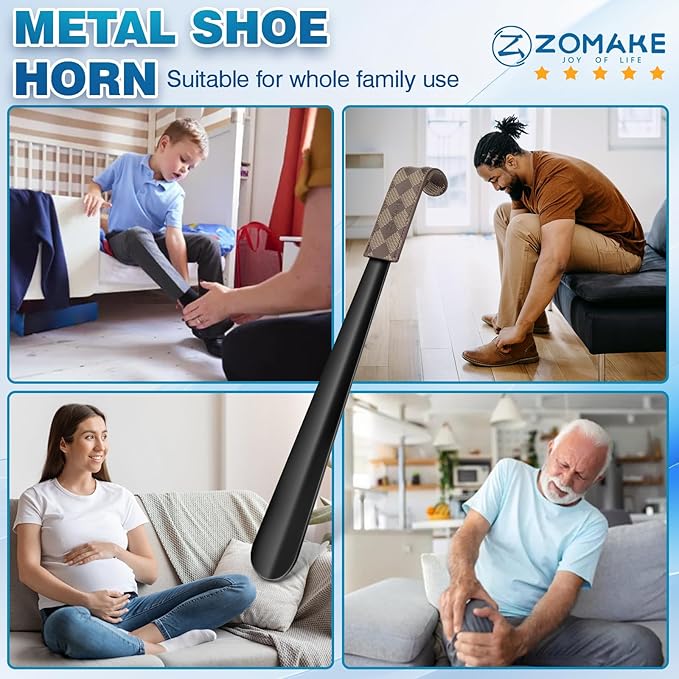 ZOMAKE Shoe Horn Long Handle for Seniors Men Women,Metal Long Shoehorn for Boots,16.5" Shoe Spoon Helper(Block Handle)