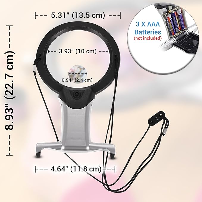 Hands Free Magnifying Glass for Close Work with Light 2X Lens & 6X Spot Magnifier, Neck Hanging LED Magnifier for Seniors, Coins, Cross Stitch, Sewing, Embroidery, Reading, Needlepoint, Hobbies