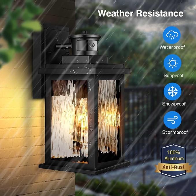 VIANIS Motion Sensor Exterior Lights for House, Dusk to Dawn Porch Lights | Waterproof Aluminum, Tempered Water Glass, 2 Pack Sconce Outdoor, Moden Black Outdoor Sconce Lights Lantern for Garage, Patio