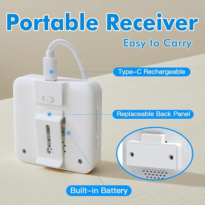SINGCALL Wireless Portable Caregiver Pager Panic Alarm System Personal Alarm for Elderly/Kids/Pregnant/Patients 32 Chimes & 0-100dB Volume 1 Rechargeable Portable Receiver+ 2 Emergency Call Buttons
