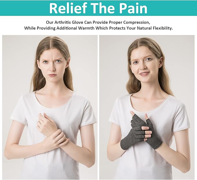 2 Pairs Arthritis Gloves Fingerless Compression Gloves for Relieve Hand Pain, Rheumatoid, Osteoarthritis, Tendonitis, Carpal Tunnel for Women and Men to Daily Work (Gray, Large)