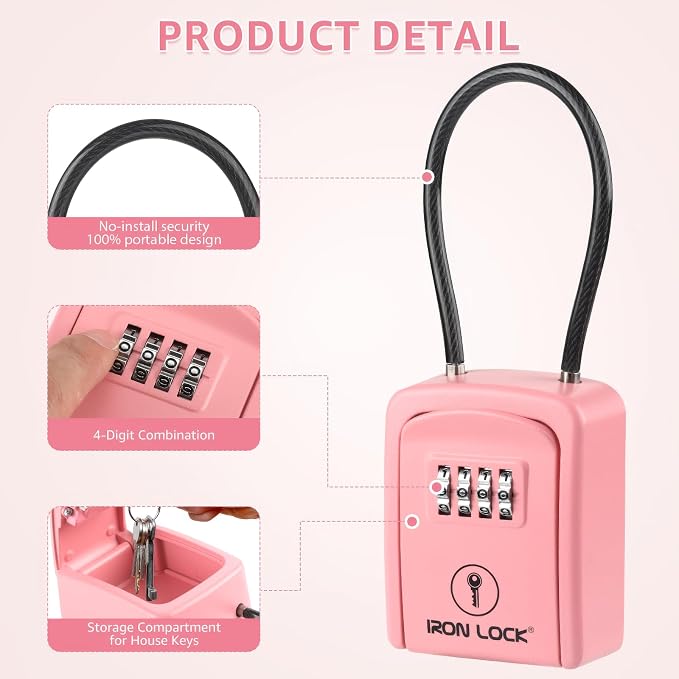 Iron Lock® Key Lock Box with Code, Portable Cable Shackle (Small, Pink) | Holds 2-3 house keys or an access card; 11-in steel cable loops on gate or rail; weather-resistant; no app or battery