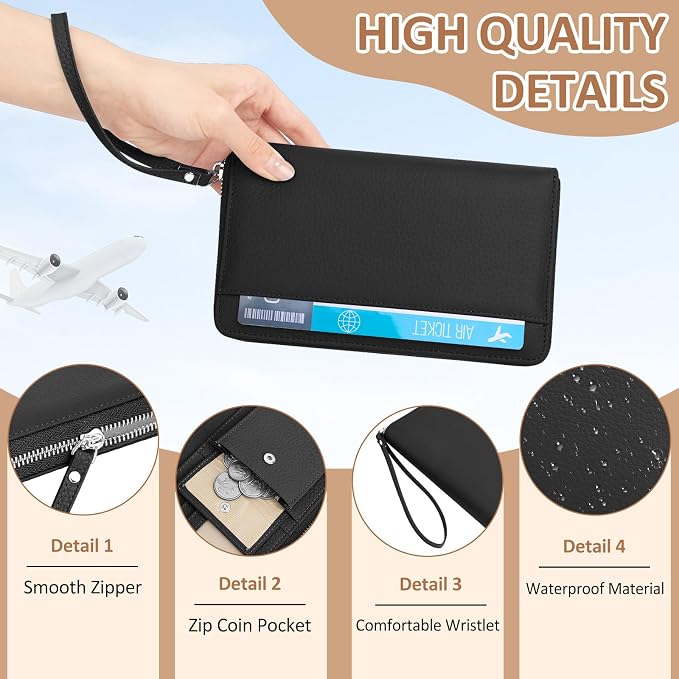 RFID Passport Holder for Travel Family with Coin Pocket, Black | Leather Passport Cover for 2, Travel Document Organizer with Wrist Strap & 24 Card Slots, for Women Men
