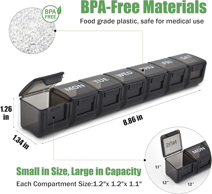 2 Pack Weekly Pill Organizer, Large 7 Day Pill Case, Daily Vitamin Case Medicine Box, AM/PM Pill Containers for Medicine Supplements Fish Oil (Khaki & Black)