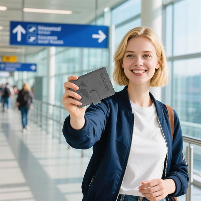 Passport Holder for Travel Essentials, Grey Leather Passport Cover, Passport Wallet Holders for Women Men Family Travel Gifts Must Have Accessories, Credit Card Cash Air Ticket Storage Supplies