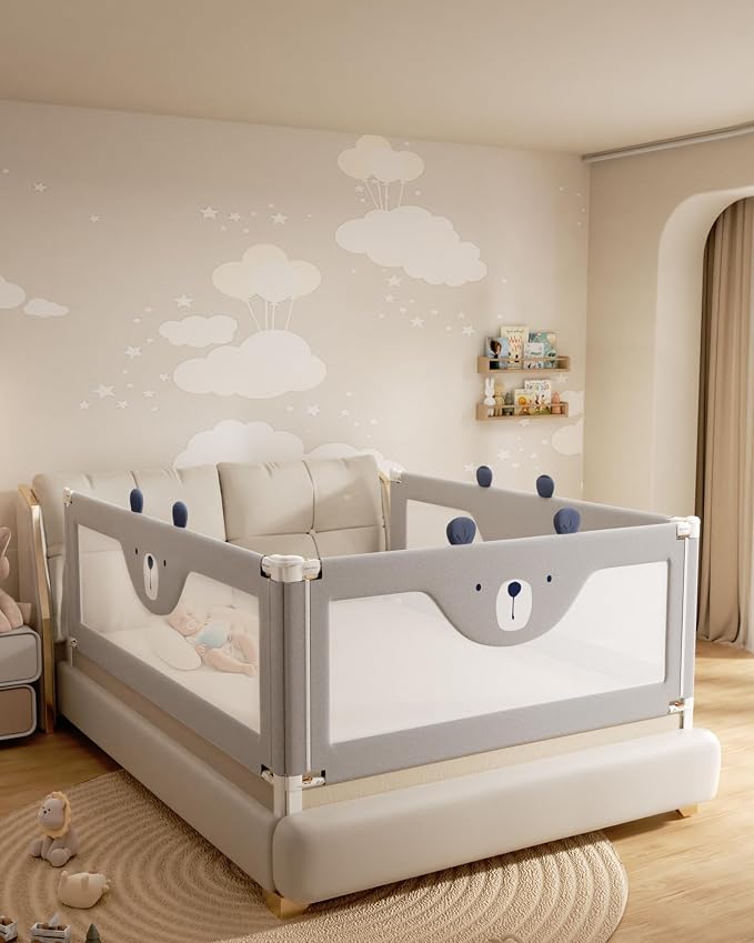 54” Baby Bed Rail Guard for Toddlers, Thickened Toddler Bed Rails | Height Adjustable, Extral Tall Child Safety Side Railing Guards/Bedrail for Kids,Full Bed,Grey Bear, 1 Side 54" Lx28 H