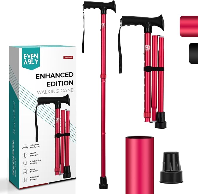 Enhanced Walking Cane (Thicker & Longer) - Foldable, Adjustable, Collapsible, Spare Tip, with Travel Bag | Versatile Walking Stick for Every Height, Weight, Seniors & Adults