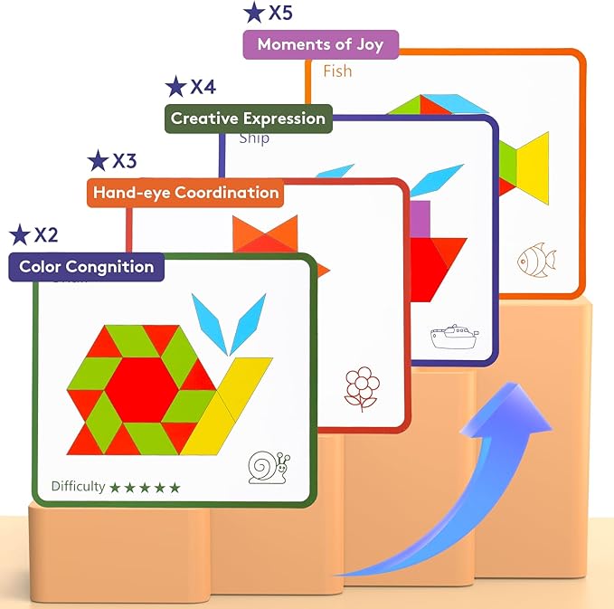 Dementia Activities for Seniors - 155 Pieces Wooden Tangrams Puzzle, Easy Memory Game for Alzheimer's with Colorful Shape Tiles, Cognitive Craft Gifts, Games for Seniors with Dementia