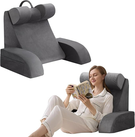 Reading Pillow for Sitting in Bed Adult, Back Pillow for Bed Sitting up, Backrest Pillow with Arms, Back Support Pillows for Gaming Lounging Watching TV, Medium 19" Grey