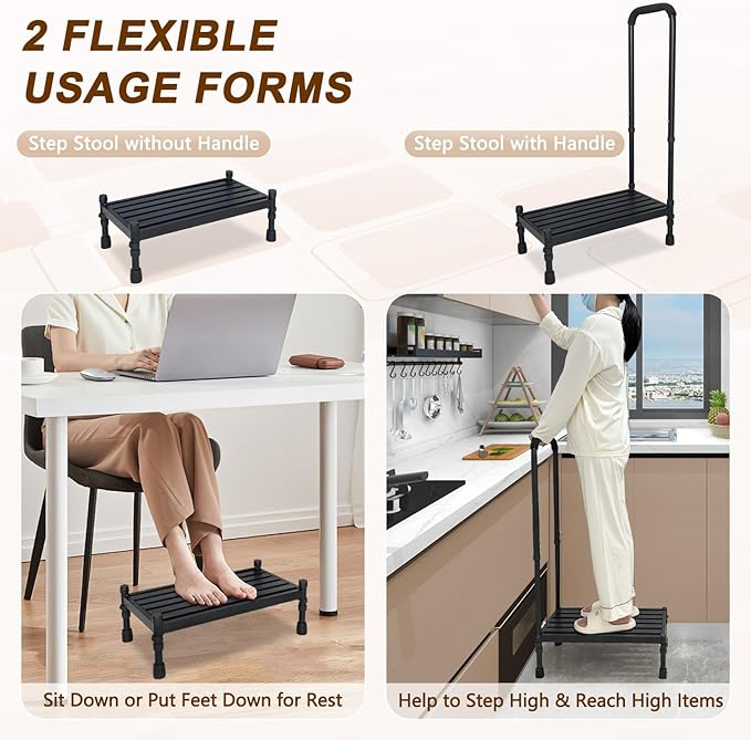 KAAMOS Bedside Step Stool with Handrail for Elderly, Medical Foot Step Stool with Handle to Get in Bed, Adults Bed Steps for High Beds, Heavy Duty Adjustable Stepping Stool Handicap Step for Bedroom