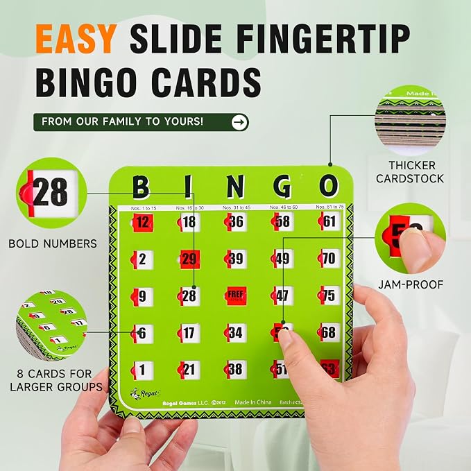 Regal Bingo Bulk Bingo Cards with Sliding Windows - Reusable Large Print Bingo Game Cards for Adults Large Group - 8 Pack, Green