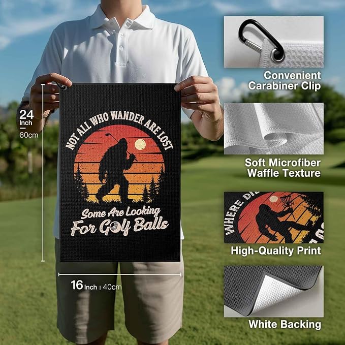Funny Golf Towel with Clip, Golf Bag Accessories for Men Women ,"Not All Who Wander"Golf Towel Gifts for Mom Grandma Dad,16x24inch Waffle Weave Microfiber,Birthday Christmas Retirement Golfer Gifts