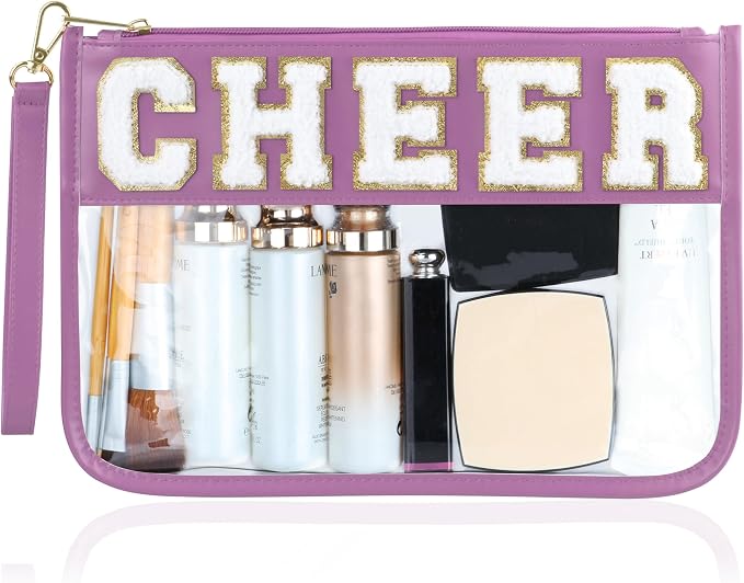 BuyCard Cheer Chenille Letter Bags Clear Makeup Bag, Cheerleader Gift Cosmetic Bag, Varsity Preppy Patch Flat Pouch Cheer Accessories, Waterproof PVC Organizer Toiletry Bag for Women Girls Purple
