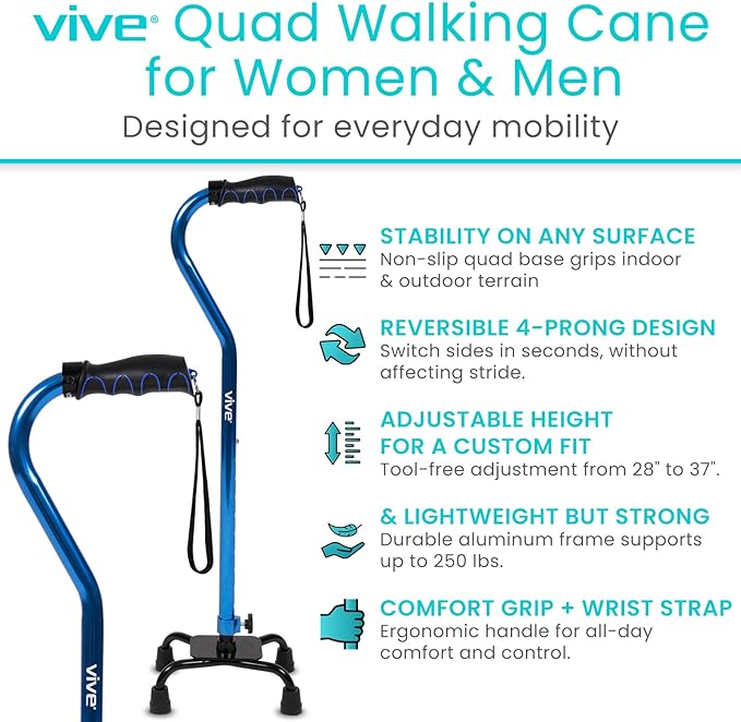 Vive Quad Cane - Walking Stick for Men and Women - Lightweight Adjustable Staff - Comfortable Right and Left Hand Grip for Stability Support - Four Prong Sturdy Aluminum Travel Aid - 4 Tip Dark Blue