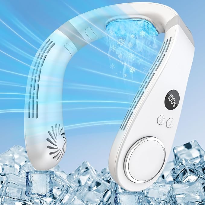 Portable Neck Fan with Cooling Plate, Chargeable 5500mAh 3-15H Lasting, Personal Cooling Fan with LED Display, Wireless Hand-Free Mini Headphone Fans Festival Gifts for Kids Women Men Adults, White