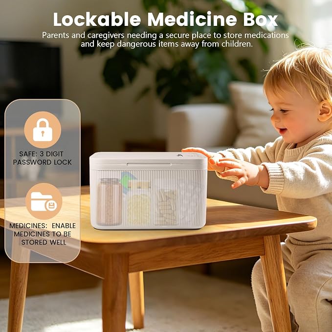Medicine Lock Box with Code,Taller Size Small Lock Box with Combination Code for Medication Safe,Lock Box for Pills/First Aid Kit/Snack/Ipad Mini,Locked Container for Home/Office 9.4X5.5X5.7inch Beige