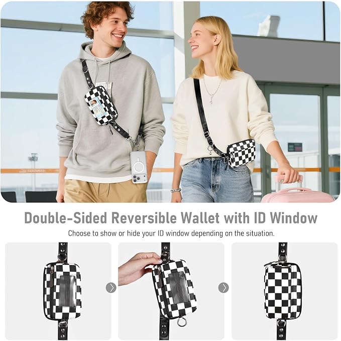 Tiostep Clip and Go Strap for Phone with Wallet Crossbody Phone Lanyard Adjustable and Detachable RFID Wristlet Wallet (Black White Checkered, Large)